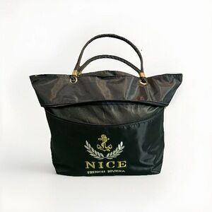 Black Tote Bag Gold Embroidery Zip Top Waterproof Medium Shopping Tote